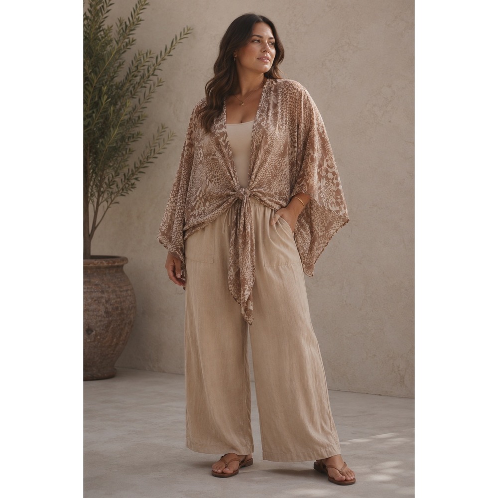 Saachi Tan Geometric Checkerboard Floral Sheer Tie Front Kimono Batwing Wrap